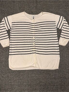 CAbi Cream and Black Striped Button-Up Cardigan